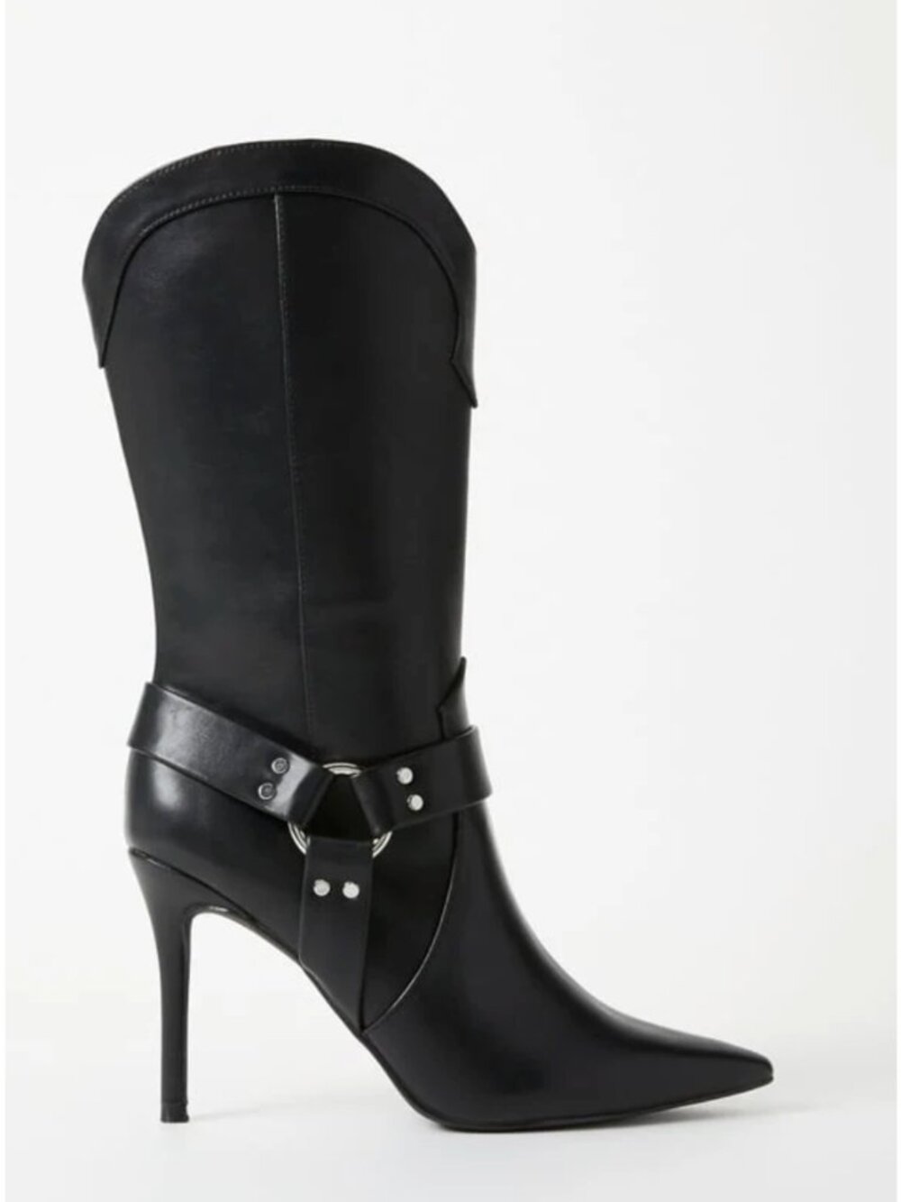 JustFab Lucinda Stiletto Black Faux Leather Boots With Silver Ring - Size US 6